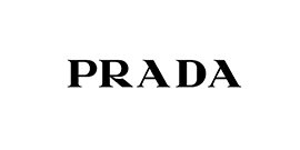 Un logo in bianco e nero per Prada su uno sfondo bianco.