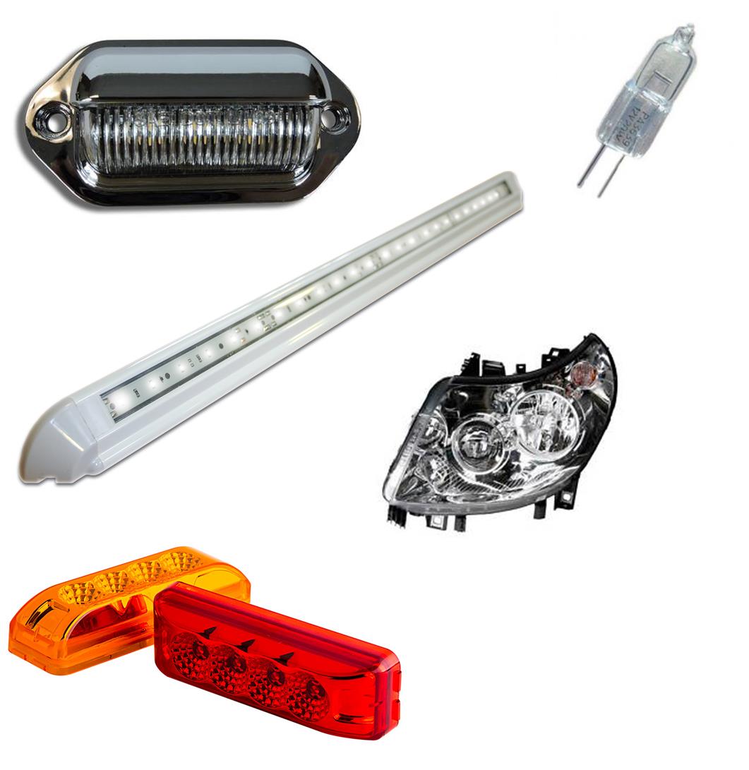 Various external lights and lighting exterior lights and lighting for motorhomes, caravans and motorcaravans, repalcement parts and bulbs, head lights, supplied and fitting service