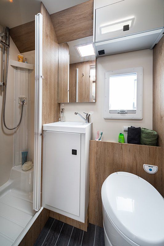 Motorhome Hire 4 Berth T Line 590 Camper Van Rental Touring Holidays UK and Europe Perfect Family Break holiday Festivals Camping EU football, washroom