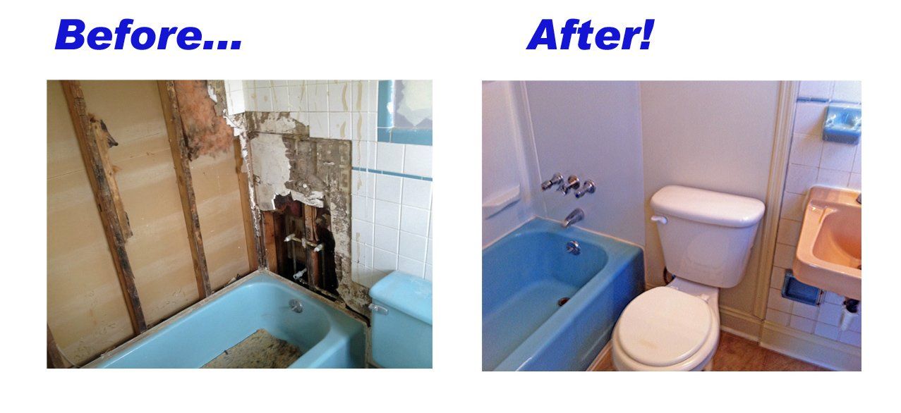 A before and after picture of a bathroom