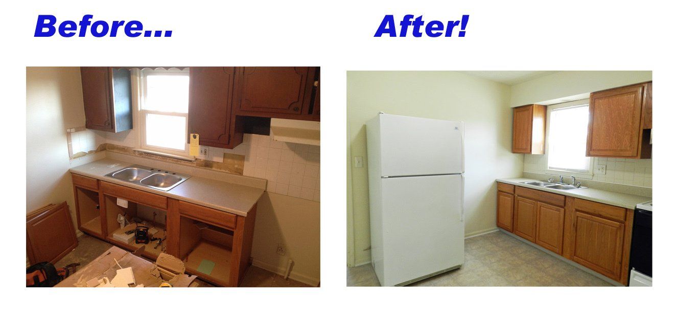 A before and after picture of a kitchen with a white refrigerator