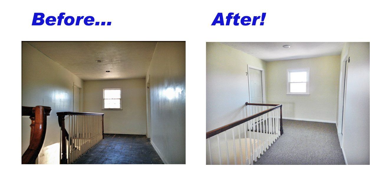 A before and after photo of a hallway with stairs