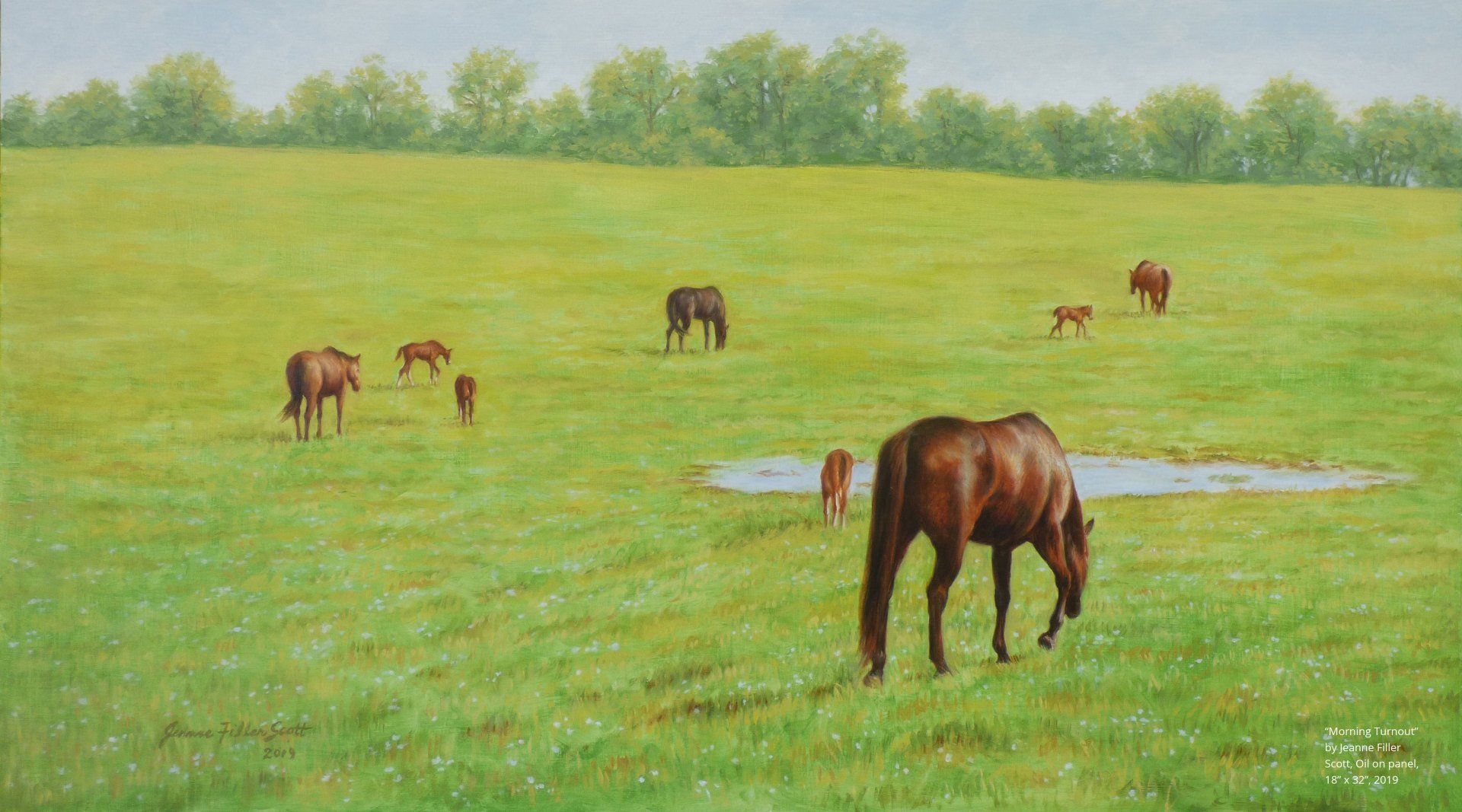 A painting of a herd of horses grazing in a grassy field.