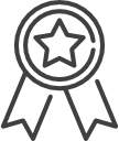 Award ribbon icon with star in the center and two ribbon tails, outlined in black.