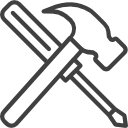 Crossed hammer and screwdriver icon in black outline on white background
