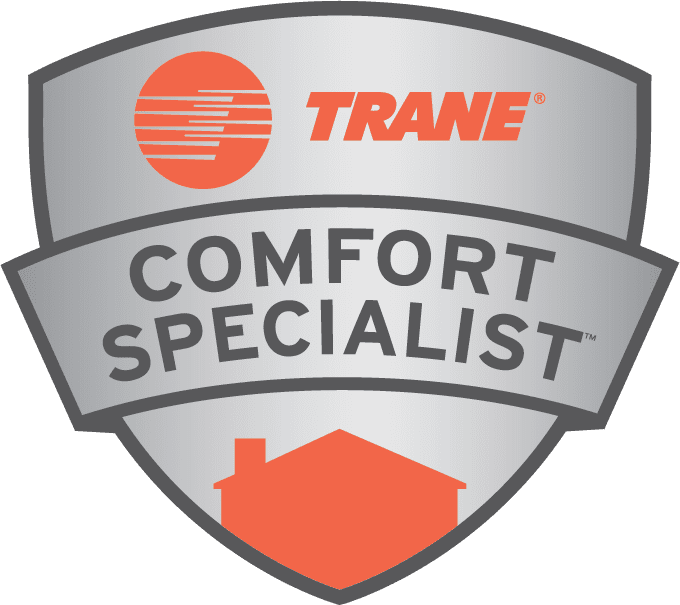 Trane Comfort Specialist shield logo in gray, orange, and white