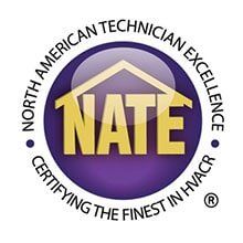 North American Technician Excellence NATE logo with gold letters in a purple house emblem, ringed by “North American Technician Excellence” text