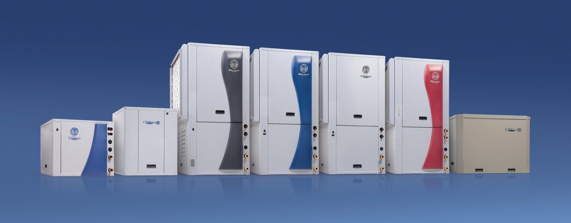 Row of white and colored industrial cabinets or appliances on a blue background