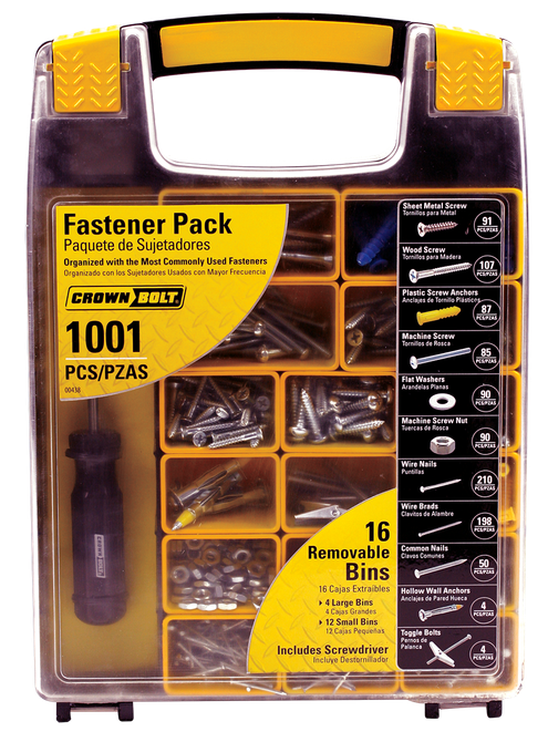 A fastener pack with a screwdriver and 16 removable bins