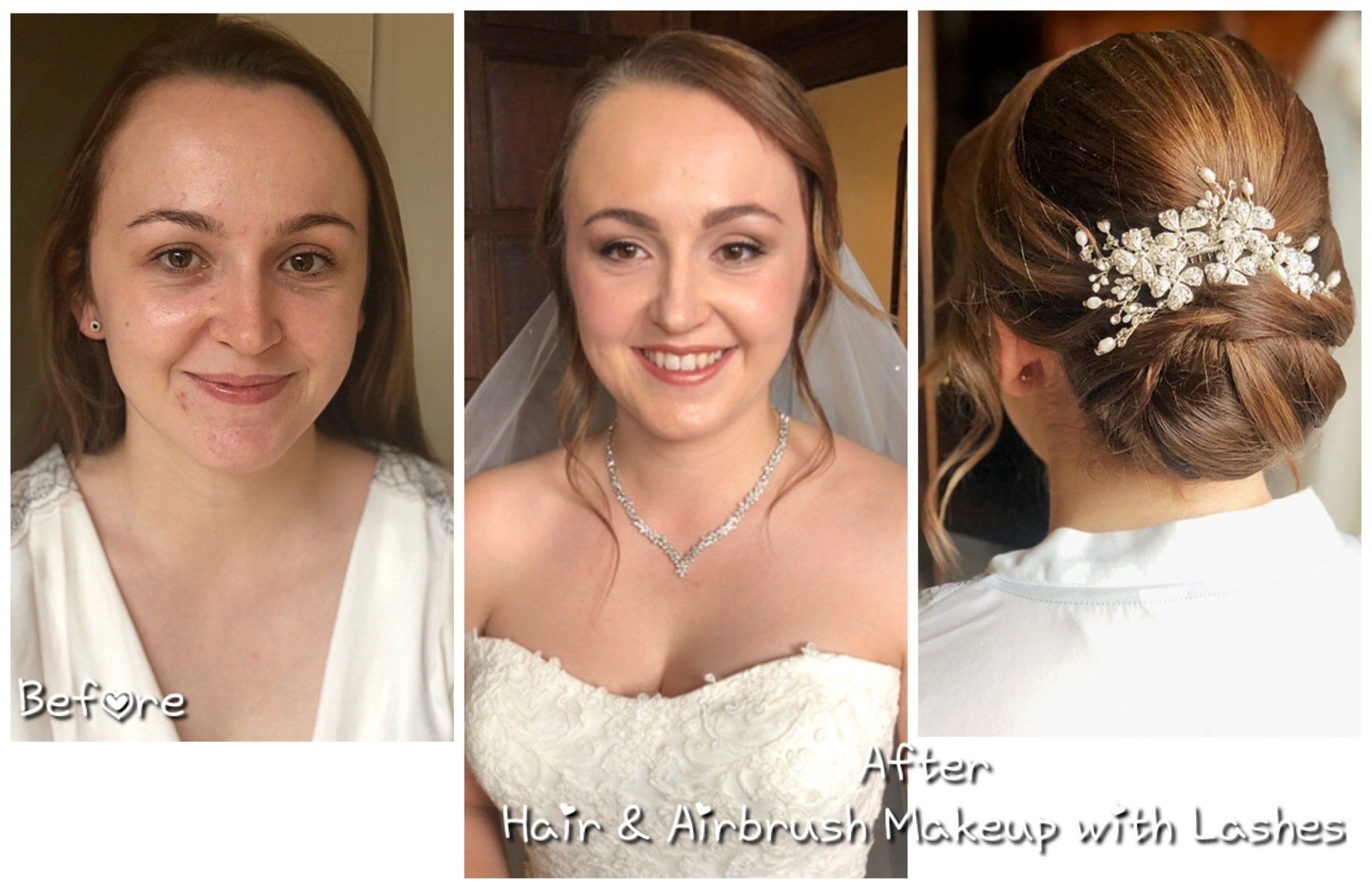 bridal hair updo and wedding makeup before and after by Jax-Glam Beauty Bristol