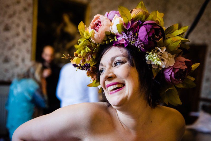 bridal makeup portrait with colourful flower crown by Jax-Glam Beauty Bristol