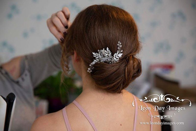 bridal hair updo with hair accessory by Jax-Glam Beauty wedding stylist Bristol