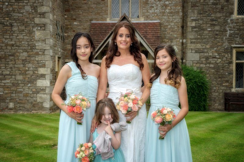 bride with bridesmaids wedding portrait with bridal hair and makeup by Jax-Glam Beauty Bristol