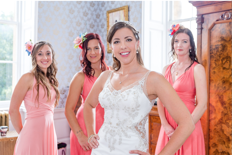 bride and bridesmaids wedding portraits with hair and makeup by Jax-Glam Beauty Bristol