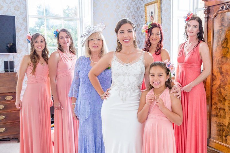 bride and bridesmaids wedding portraits with hair and makeup by Jax-Glam Beauty Bristol