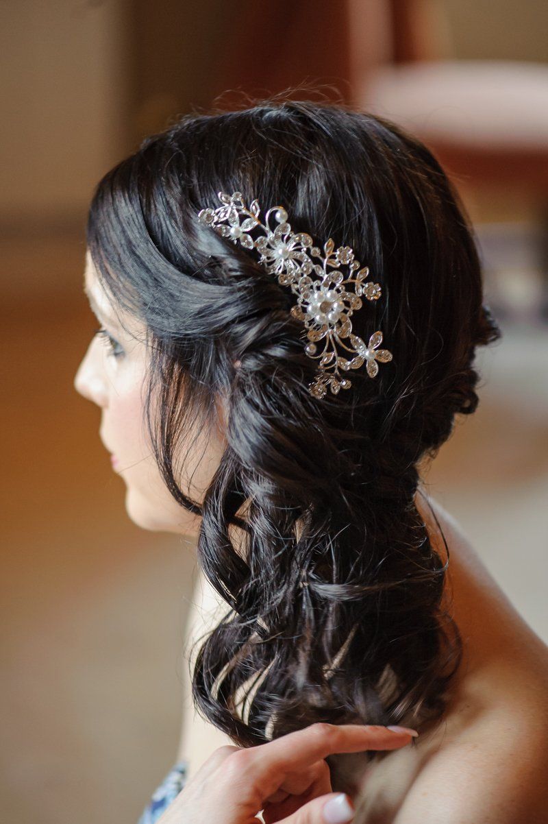 bridal hair updo with crystal hair accessory by Jax-Glam Beauty wedding stylist Bristol