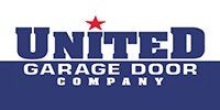 Logo for United Garage Door Company, featuring bold blue text and a red star on a white and blue background.