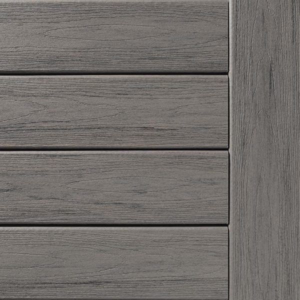 Gray composite wood decking and border, close-up with horizontal planks.