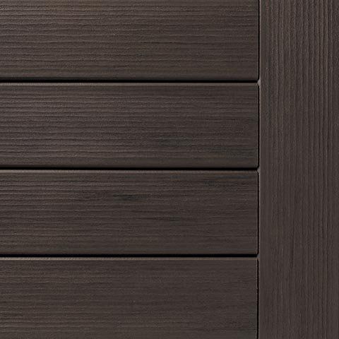 Close-up of composite decking boards in dark brown with wood grain texture.