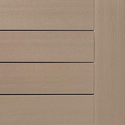 Close-up of composite wood planks, beige-brown with wood grain texture, arranged horizontally with vertical edge.