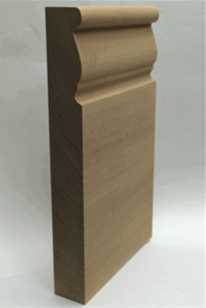 Wooden baseboard molding with decorative curved profile.