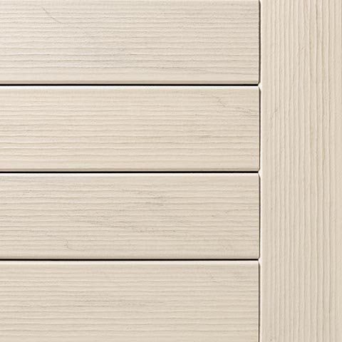 Cream-colored wooden shutter showing horizontal slats and vertical side panel with wood grain.