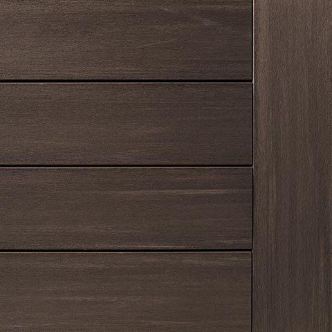 Dark brown composite decking with horizontal planks and vertical edge.