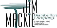 Logo for Jim Mackie Distribution Company: text with a stylized teal plant shape.