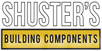 Shuster's Building Components logo. White outlined text over gold box with black text.