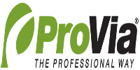 Logo for ProVia, a company, with a green leaf design and the text