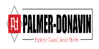 Palmer-Donavin logo: Text in a black box, with a red square and a diamond. Below is