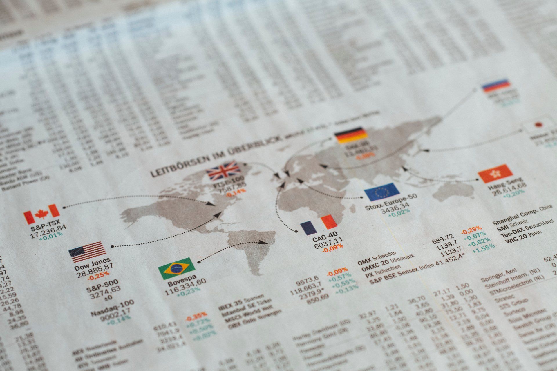 A newspaper with a map of the world and flags on it.