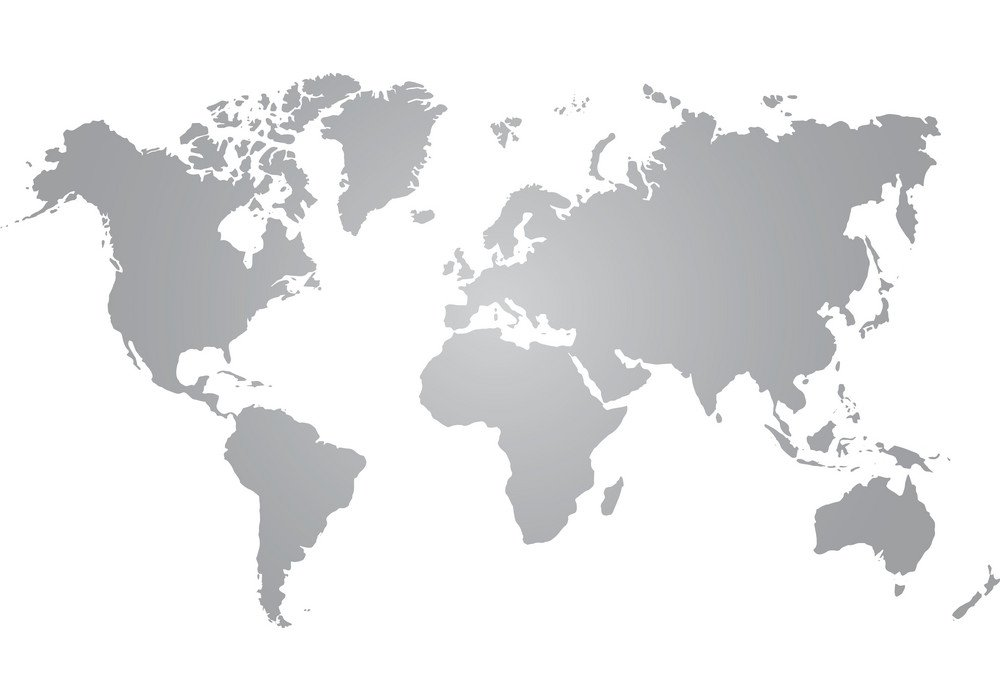 A gray map of the world on a white background.