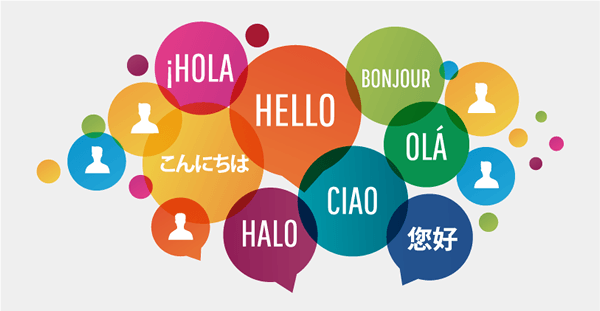 A bunch of speech bubbles that say hello in different languages