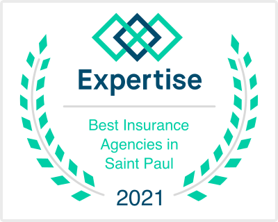 Expertise badge: Best Insurance Agencies in Saint Paul, 2021. Teal laurel, logo, and blue text.