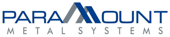 Logo for Paramount Metal Systems, blue and grey text with overlapping