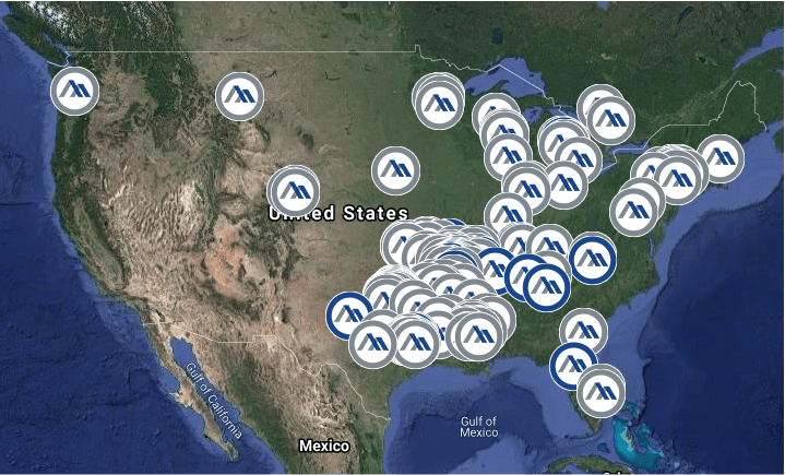 Map of the United States with numerous location markers, mostly concentrated in the central and eastern regions.