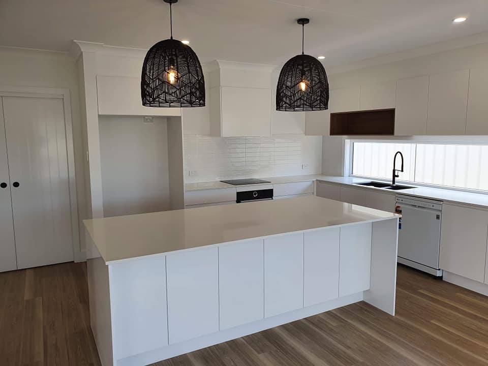 Large White Kitchen Island With Lights — DMB Kitchens in Port Macquarie, NSW