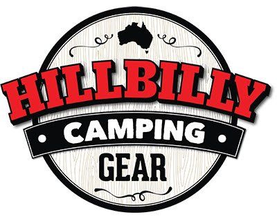 A logo for hillbilly camping gear with a map of australia on it.