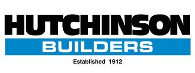 Logo for Hutchinson Builders, black text on white, blue stripe under BUILDERS, 