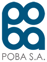 Logotipo de POBA SA con formas circulares azules sobre texto gris