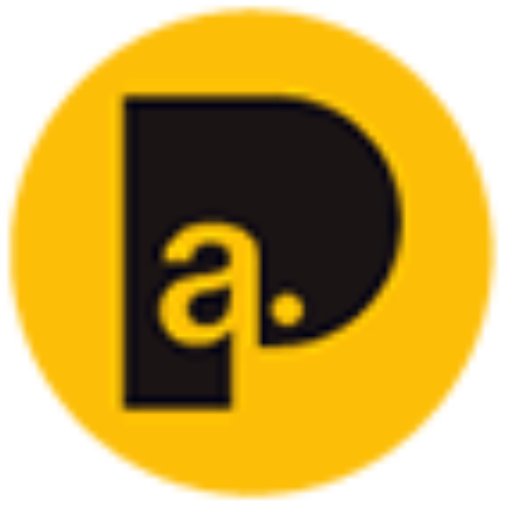 Letra “a” minúscula negra con un punto sobre un fondo circular amarillo