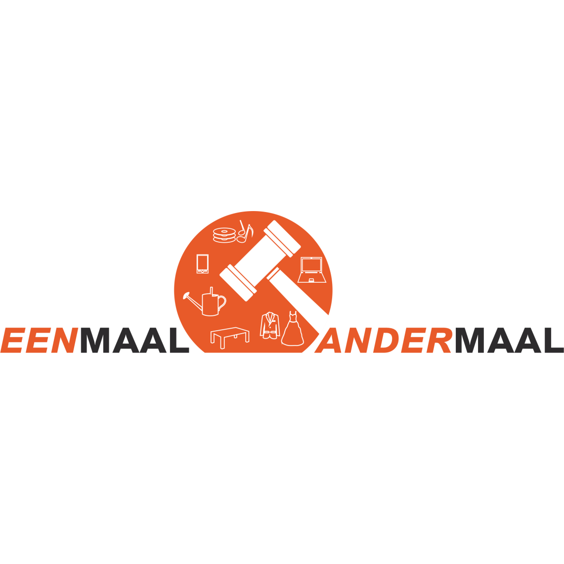 A logo for eenmaal andermaal with a hammer in the center
