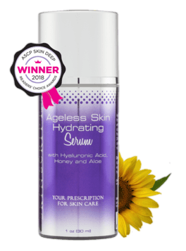 A bottle of ageless skin hydrating serum next to a sunflower