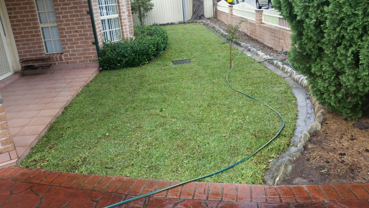 A lawn with a hose attached to it in front of a house.