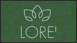 Logo LORE! bianco con icona di una foglia su sfondo verde