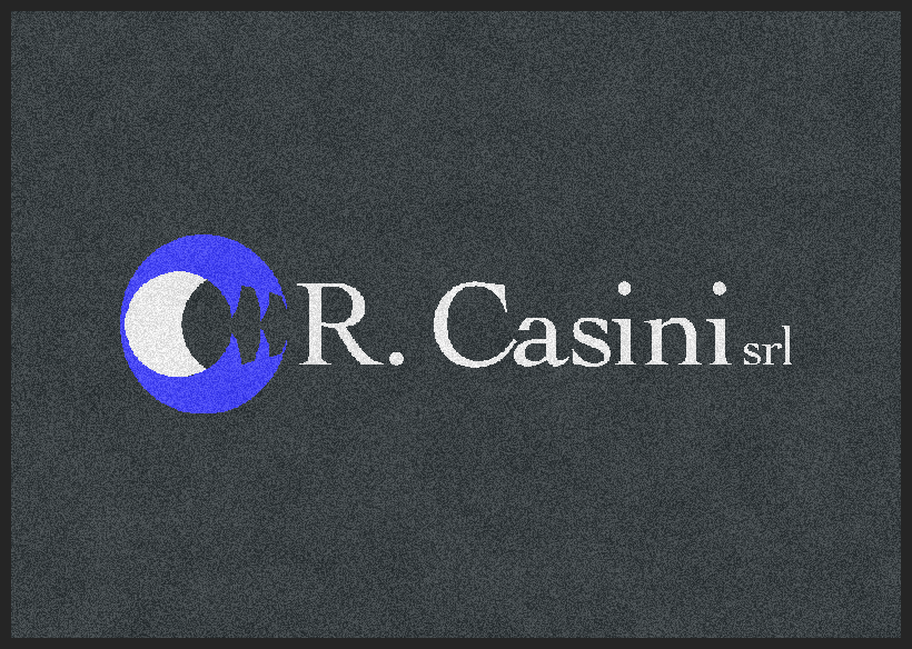 Logo di R. Casini srl con emblema blu e bianco su sfondo scuro con texture.