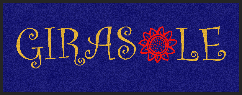 Parola decorativa “GIRASOLE” in oro su sfondo blu, con un fiore rosso al posto della “O”