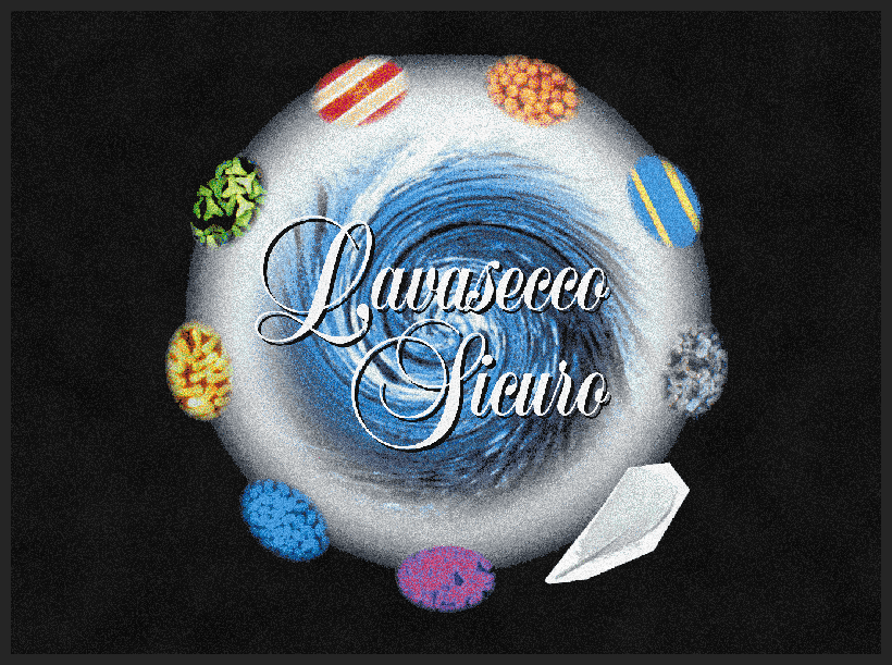 Logo decorativo con testo in corsivo, circondato da caramelle colorate su sfondo scuro.