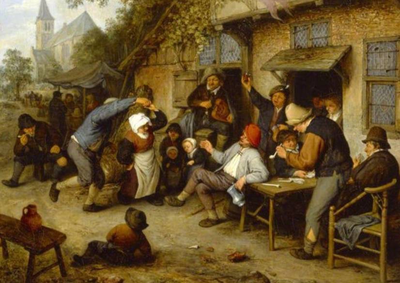 Schilderij met middeleeuws tafereel in een herberg